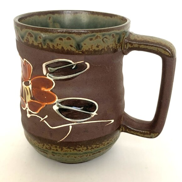 Vintage Japanese Pottery Stoneware Coffee Mug Brown Red Flower 4" Hand Made - Picture 3 of 8